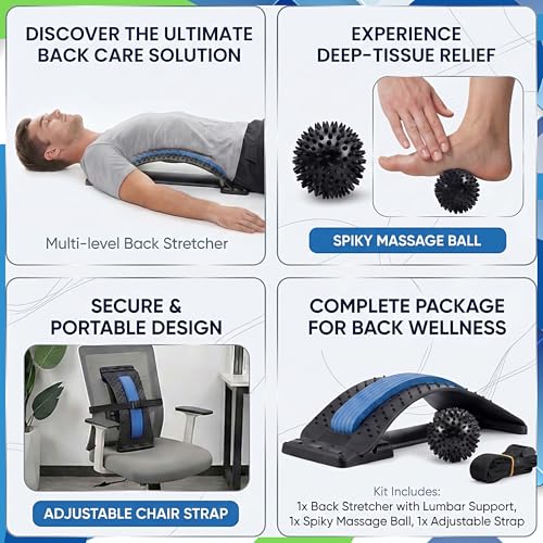 Back Stretcher for Lower Back Pain Relief with Massage Ball & Support Belt, Multi-Level Adjustable Arch Lumbar Back Cracker Board, Spine Decompression & Posture Support Back Massager