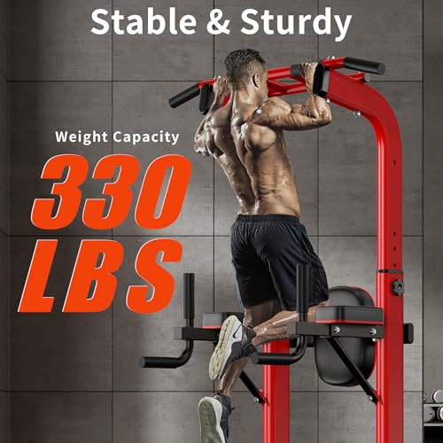 SogesHome Pull Up Bar and Dip Station, Heavy Duty 330LB Capacity Adjustable Home Gym Equipment for Strength Training, Multifunctional Push Up Bars for Arms, Back, Chest, Shoulders & Core Workout, Red