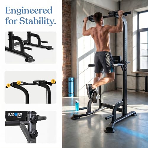 BARWING Pull Up Bar Station, Power Tower, Dip Station with 3D Backrest, Multi-Function Strength Training Stand Rack, Adjustable Height Dip Bar for Home Gym Workout Stand Fitness Exercise Equipment