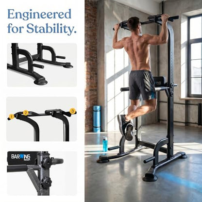 BARWING Pull Up Bar Station, Power Tower, Dip Station with 3D Backrest, Multi-Function Strength Training Stand Rack, Adjustable Height Dip Bar for Home Gym Workout Stand Fitness Exercise Equipment