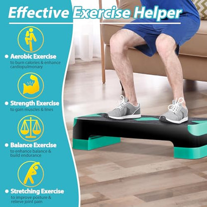 26.5" Aerobic Step Platform, Adjustable Height Exercise Workout Stepper, Stackable Risers Stepper for Exercise at Home Gym Workouts Fitness Equipment, Green