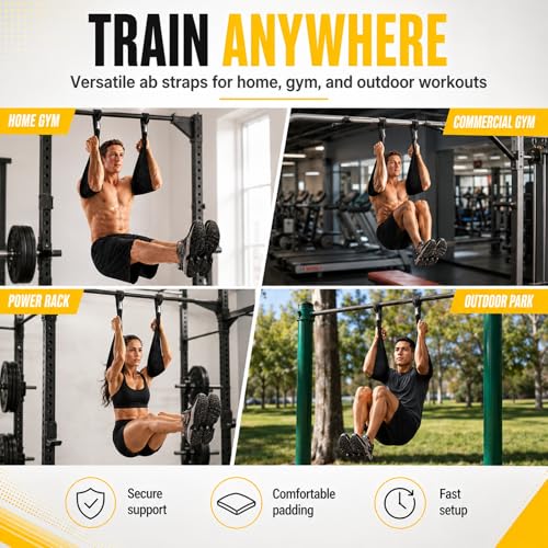 Ab Straps for Pull Up Bar, Padded Arm Slings for Core Training | Heavy-Duty Construction, Oversized Carabiners, Padded Arm Support, Leg Raises Knee Raises, Home Gym Training