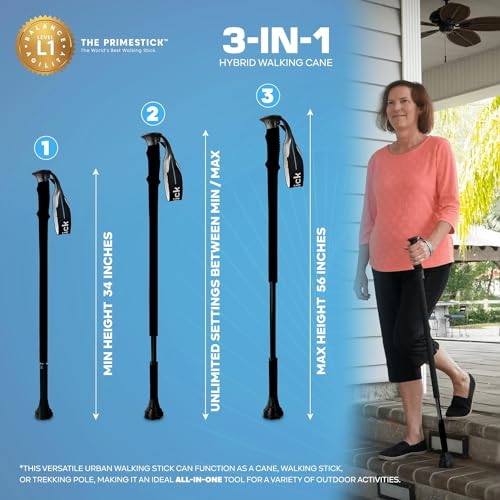 Dynamo Prime Walking Stick for Seniors - Adjustable Walking Cane for Men and Women with Balance Issues - Lightweight & Sturdy All-Terrain Support for Posture & Stability