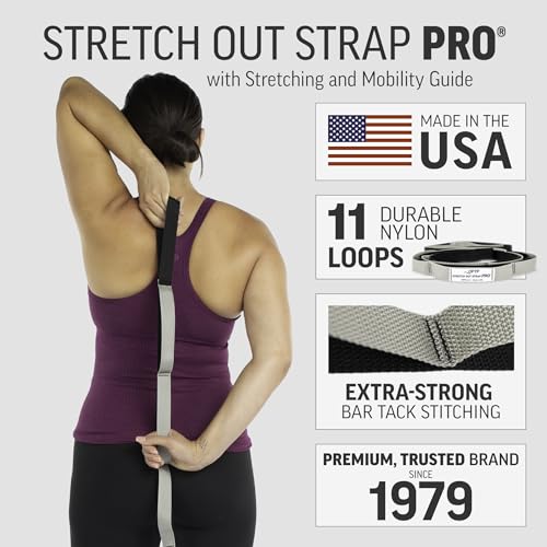 OPTP Stretch Out Strap Pro with Stretching Exercise Book, 11 Loop Stretching Strap for Yoga and Pilates, Physical Therapy Strap for Leg and Knee Recovery. Made in the USA