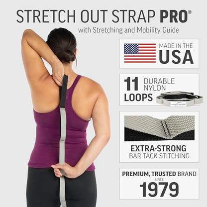 OPTP Stretch Out Strap Pro with Stretching Exercise Book, 11 Loop Stretching Strap for Yoga and Pilates, Physical Therapy Strap for Leg and Knee Recovery. Made in the USA