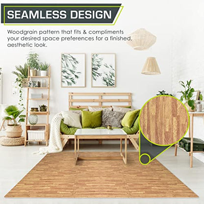 ProsourceFit Wood Grain Puzzle Mat ½-inch, 6 EVA Foam Interlocking Floor Tiles (24 SQ FT) for Secure Indoor Gym Flooring, Office Spaces, Living Rooms, and Play Areas, Light Oak