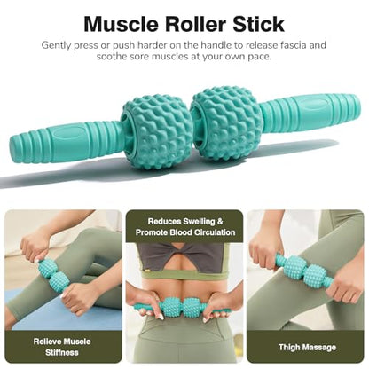 5 in 1 Foam Roller Set - Back Roller Foam, Massage Roller Stick, Massage Ball, Resistance Band for Physical Therapy & Deep Tissue Muscle Massage (Green)