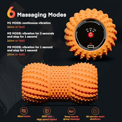 2 in 1 Vibrating Peanut Massage Ball with 6 Massaging Modes and Bluetooth Speaker, Rechargeable Vibrating Massage Yoga Roller Ball for Muscle Recovery, Orange