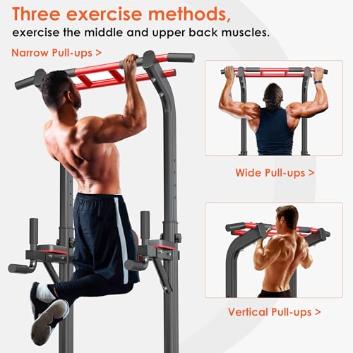 soges Power Tower Pull Up Bar Station, Dip Station for Home Gym, Height Adjustable Heavy Duty Strength Home Training Fitness Workout Equipment - color: Black-Bands