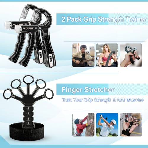 Grip Strength Trainer(5 Pack) with Finger Exerciser, Hand Grip Strengthener, Finger Stretcher,Grip Ring & Stress Relief Ball for Muscle Building and Injury Recover with Carry Bag - color: BLACK