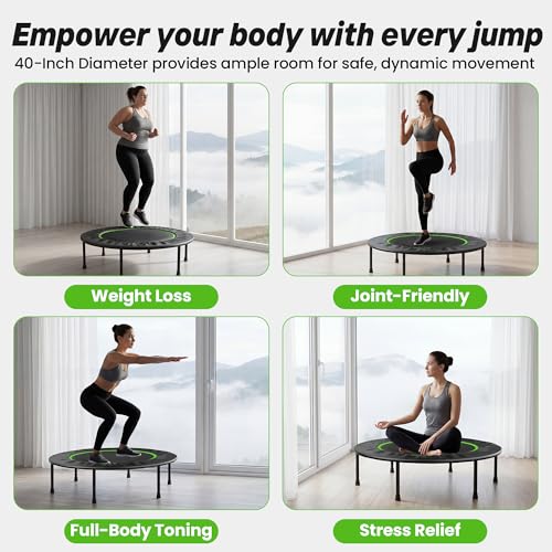 Steelite 40" Foldable Mini Fitness Trampoline, 10MM Thickened Bungee Rebounder Trampoline for Adults, 330LBS Capacity - Quiet & Stable, Indoor Outdoor Jumping Exercise Equipment