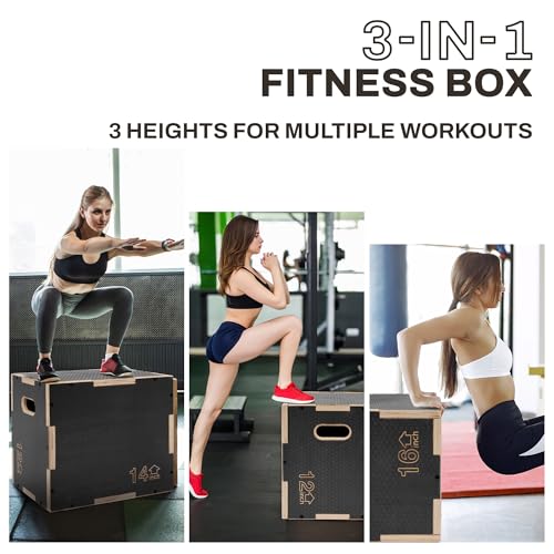 Signature Fitness 16" x 14" x 12" Non-Slip Wooden Plyo Box Jump Exercise Platform, Plyometric Workout Equipment for Home Gym, Training Step Box, Gray - size: 12x14x16"