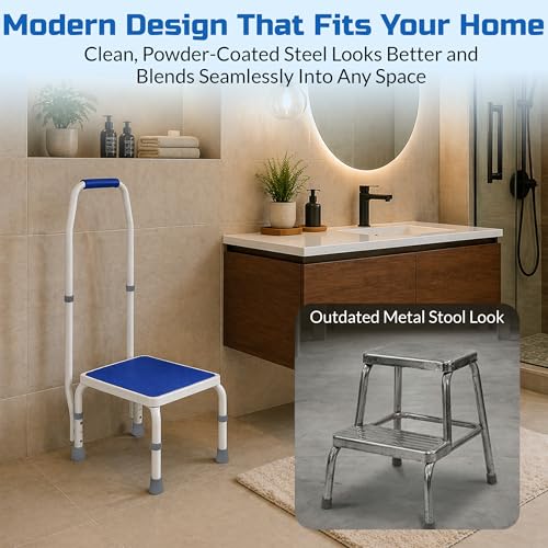 Platinum Health AdjustaStep(tm) Deluxe Step Stool/Footstool with Handle/Handrail, Height Adjustable. Modern White/Blue Design. Padded Non-Slip Handle. 300 lb. Capacity - size: 300 lb. Capacity - 1 Step