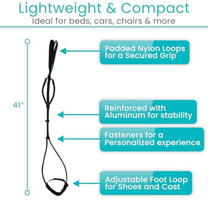 Vive Proflex Strap - Physical Therapy Leg Lifter Assist with Nylon Webbing for Recovery, Stretching - Loop with Hand Grips - Lift Foot, Calf - Rigid for Elderly, Handicapped, Injury, Car and Bed