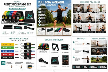 Resistance Bands Set for Physical Therapy Stackable 10-150 lbs Exercise Bands with Handles, Door Anchor, Ankle Straps & Carry Bag - Strength Training, Rehabilitation & Home Gym for Men & Women