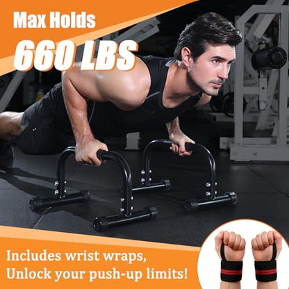 Push Up Bar Strength Training For Handstands,10'' High Steel Parallettes & Dip Bar With Foam Handle & Fitness Wristbands,Heavy-Duty Calisthenics Parallel Bars Calisthenics Equipment,Home Gym Strength Training Workout
