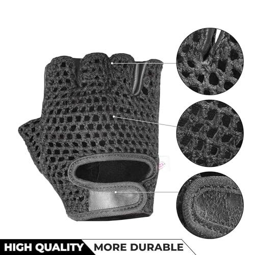 Leather Padded Crochet Back Breathable Fingerless Weight Lifting, Cycling Workout Gloves, Black (Large)