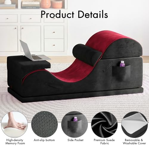 Convertible Yoga Chair for Adults, Ergonomic Foam Lounge with Lumbar Pillow, Washable Cover, Side Pocket, No Assembly Needed – Great for Exercise, Stretching & Relaxation Black + Red - color: Black + Red