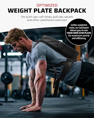 THEFITGUY Weighted Backpack for Gym Weight Plate - for Pushups, Calf Raises, Squats, Wear on Back or Front, Fits Up to 17.5” Diameter, 2.5” Thick Plate, Padded Straps & Secure Buckles - For Home & Gym