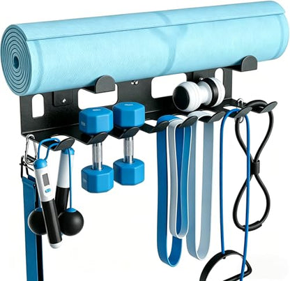 Heavy-Duty Metal Gym Storage Rack, Wall-Mounted Multi-Purpose Home Gym Organizer for Yoga Mat, Resistance Bands, Jump Ropes, Weight Belts - Space-Saving Garage Gym Storage with Removable Hooks