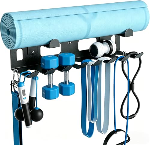 Heavy-Duty Metal Gym Storage Rack, Wall-Mounted Multi-Purpose Home Gym Organizer for Yoga Mat, Resistance Bands, Jump Ropes, Weight Belts - Space-Saving Garage Gym Storage with Removable Hooks