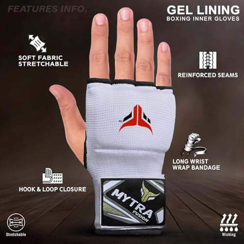 Mytra Fusion Gel Padded Inner Gloves Boxing Hand Wraps for Kids, Boxing Wraps with 80 cm Long Wrist Strap for MMA, Kickboxing, Punching, Martial Arts & Muay Thai Hand Wraps - color: White