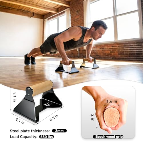 Rocalt Push Up Bars with Wooden Handles, Heavy Duty Steel Parallettes Push Up Handles, Anti-Slip Calisthenics Equipment for Home Gym, Wrist-Friendly Strength Training Bars