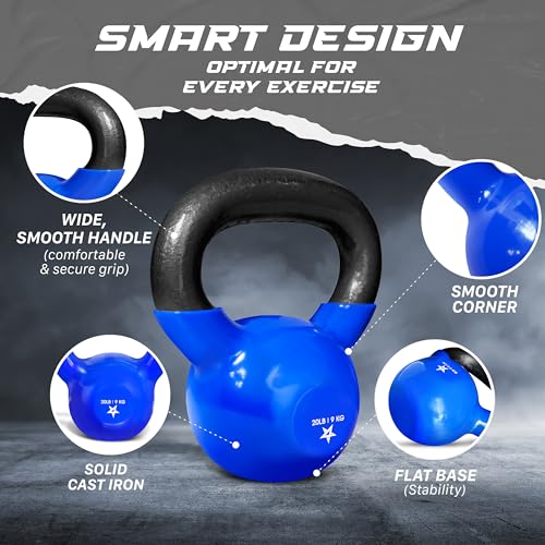 Yes4All Kettlebell, 5-100 LB Vinyl Coated Cast Iron Strength Training Kettlebells for Home Gym Exercises, Fitness, Full Body Workout Equipment, Push Ups, and Grip Strength - color: D. 20LB - Dark Blue, style: Vinyl Coated - Pair