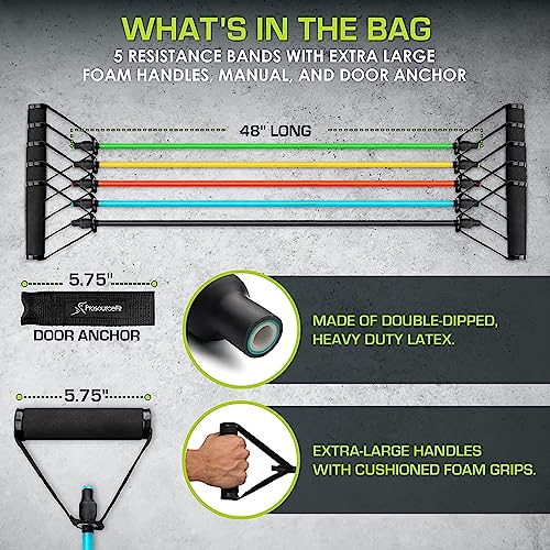 ProsourceFit Premium Stackable Latex Resistance Band Set with Comfort Grip Handles, Door Anchor, & Multi-Grip Lite Doorway Pull-Up Bar, 24"-32", Home Fitness for Strength Training & Full Body Workou
