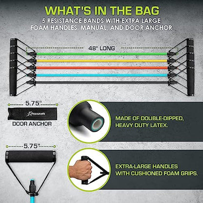 ProsourceFit Premium Stackable Latex Resistance Band Set with Comfort Grip Handles, Door Anchor, & Multi-Grip Lite Doorway Pull-Up Bar, 24"-32", Home Fitness for Strength Training & Full Body Workou