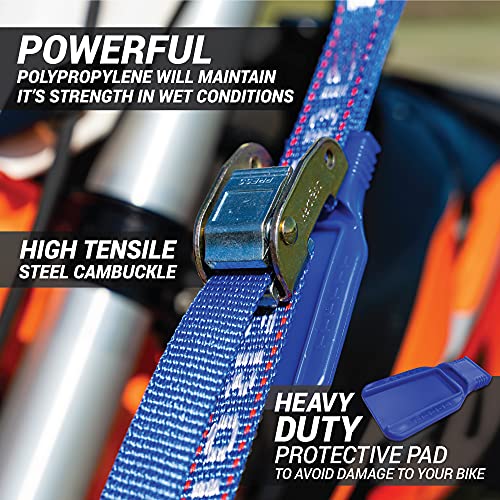 Heavy Duty Motorcycle Tie Down Straps - 1" x 8' Cam Buckle Straps with Soft Loops & Safety Hooks - Secures Motorbikes, Dirtbikes, ATV, UTV - 2 Pack - color: Blue