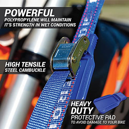 Heavy Duty Motorcycle Tie Down Straps - 1" x 8' Cam Buckle Straps with Soft Loops & Safety Hooks - Secures Motorbikes, Dirtbikes, ATV, UTV - 2 Pack - color: Blue