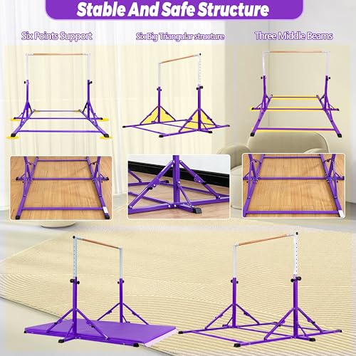 MARFULA Gymnastic Kip Bar for Kids Teens Ages 3-25 of All Gymnastic Levels - color: Bar With Mat-Hot Purple (5 Ft Base)