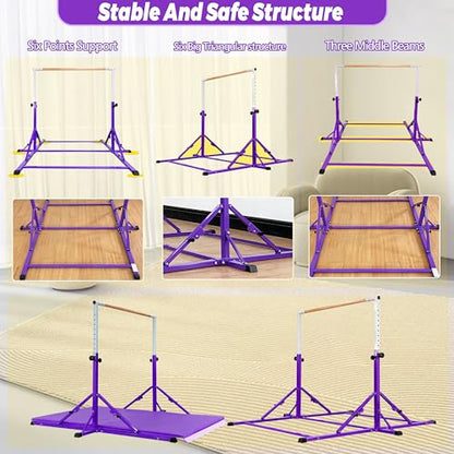 MARFULA Gymnastic Kip Bar for Kids Teens Ages 3-25 of All Gymnastic Levels - color: Bar With Mat-Hot Purple (5 Ft Base)