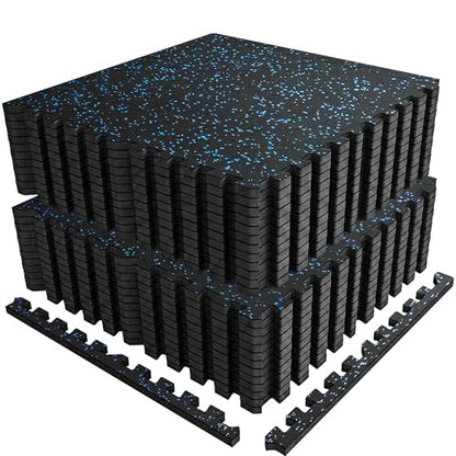 0.56" Rubber Top Gym Flooring, Heavy Duty Interlocking Gym Mats for Home Gym, Non-Slip Workout Mat, 24 x 24in Large Gym Floor Mat, Protect Floors from Weights & Equipment, 96 Sq Ft, Black/Blue