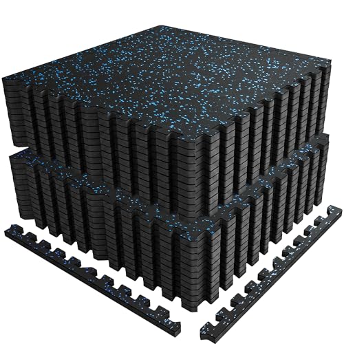 0.56" Rubber Top Gym Flooring, Heavy Duty Interlocking Gym Mats for Home Gym, Non-Slip Workout Mat, 24 x 24in Large Gym Floor Mat, Protect Floors from Weights & Equipment, 96 Sq Ft, Black/Blue