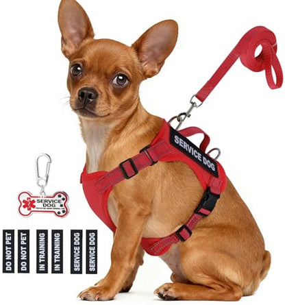 Service Dog Vest for Small Breed Dogs with ID Tag – Lightweight Puppy Harness and Leash Set with 6 PCS Patches, Ideal Service Animal Vest for Training, Complete Service Dog Gear, Red, M