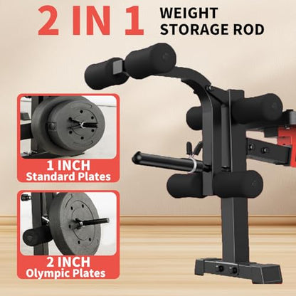 1500LB 8 IN 1 Olympic Weight Bench with Lat Pulldown and Leg Extension/Curl, Foldable Bench Press with Preacher Curl & Squat Rack, Workout Benches with Safety Bar Catches for Home Gym(US Stock) - color: red dark