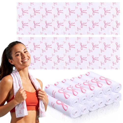 Honoson 20 Pack Pink Bow Cooling Towels Bulk, 40" x 12" Microfiber Cooling Towels for Neck and Face, Cold Towel for Hot Weather, Sports Teams, Soccer, Softball, Gym, Yoga