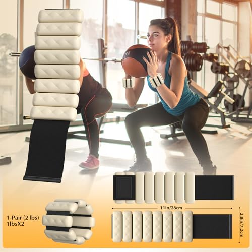 Pilates Wrist and Ankle Weights for Women - Adjustable Weighted Bangles for Men, 2 lbs Weighted Arm Bands Foot Leg Weights for Walking, Yoga, Training, Exercise, Running, Set of 2 (1LB Each) - color: Light Beige