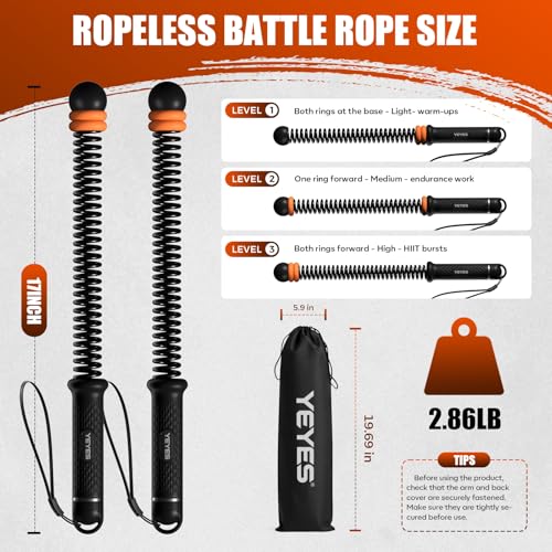 YEYES Weighted Ropeless Battle Ropes - Heavy Duty Cordless Workout Ropes with Steel Spring Resistance for HIIT & Home Gym, Compact Full Body Fitness Equipment for Men & Women(Black)