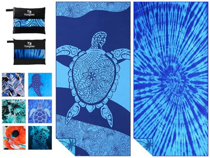 2 Pack Microfiber Lightweight Thin Beach Towel Sand Free Quick Dry Super Absorbent Large Towels for Swimming Pool Yoga Gym Travel Vacation Beach Accessories Essentials - color: 2 Pack Blue Turtle Tiedye
