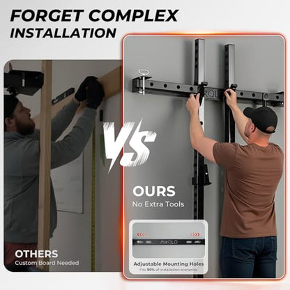 Mikolo 2" x 2" Folding Wall Mounted Squat Rack, 1000 Pounds Capacity Power Rack with Pull Up Bar, J Hooks and Other Attachments, Space-Saving Home Gym - color: Black, style: Squat Rack with Safety Catches