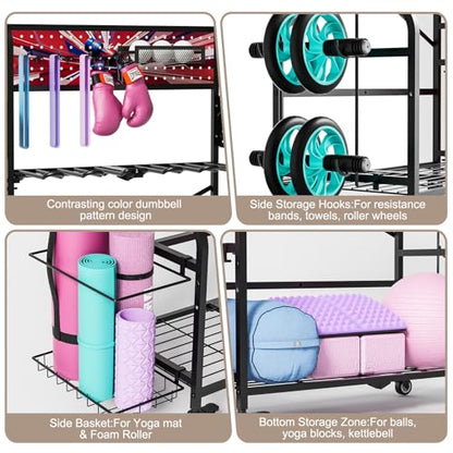 Heavy Duty Dual-Row Dumbbell Rack with Wheels, Home Gym Vertical Storage Stand with Yoga Mat Storage, Space Saving Fitness Equipment Organizer for Home Workout