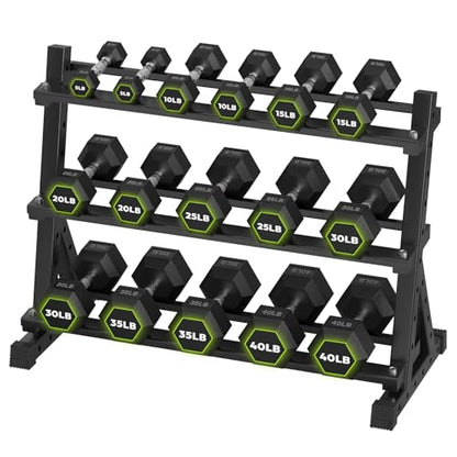 HANDBODE Hex Dumbbell Set with Rack, 300-840 lb Rubber Coated Fixed Weights Sets with Heavy Duty Storage Stand, Hexagon Shape, Multiple Weight Options Home Gym Equipment for Strength Training - style: 360 lb Set (5-40 lb) with Rack