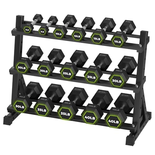 HANDBODE Hex Dumbbell Set with Rack, 300-840 lb Rubber Coated Fixed Weights Sets with Heavy Duty Storage Stand, Hexagon Shape, Multiple Weight Options Home Gym Equipment for Strength Training - style: 360 lb Set (5-40 lb) with Rack