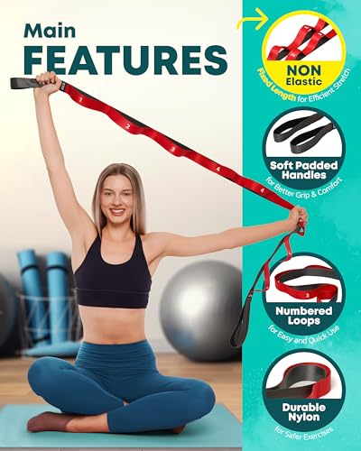 Stretching Strap with Loops, Non Elastic Stretch Band for Physical Therapy - color: Red