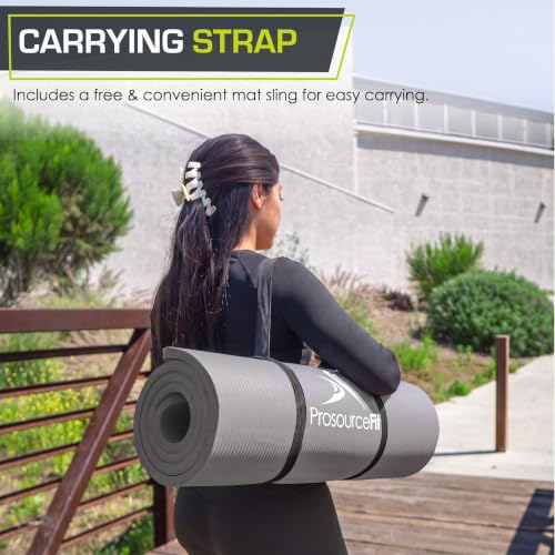 ProsourceFit Extra Thick Yoga and Pilates Mat 1/2” (13mm) or 1" (25mm), 71-inch Long High Density Exercise Mat with Comfort Foam and Carrying Strap - color: Grey