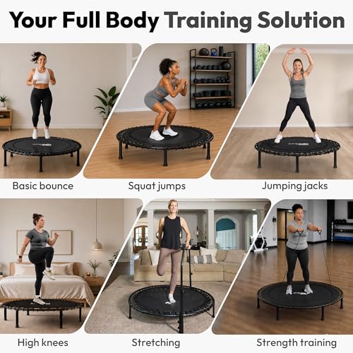 Rebounder Trampoline for Adults with Bar and Elastic Bands, 450/550 lbs Mini Trampoline for Adults, Exercise Trampolines, Rebounders with Adjustable Handle, Indoor/Outdoor 40/48 in