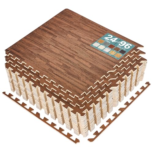 Sorbus Wood Grain Floor Tiles Foam Mat EVA Interlocking Mats Tile 3/8-Inch Thick Flooring Wood Puzzle Exercise Mats w/Borders - Home Playroom Basement, Apartment, Trade Show, Baby, Dance